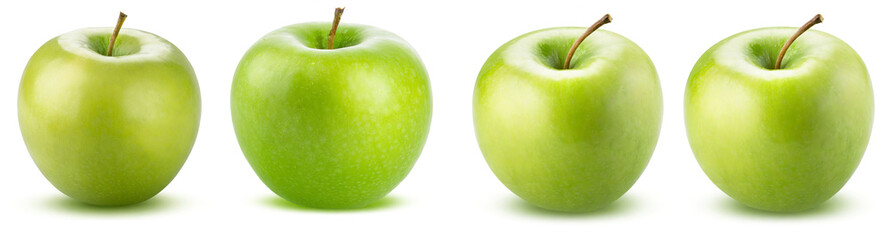 Set of 4 green apples, fresh fruits isolated on white background.