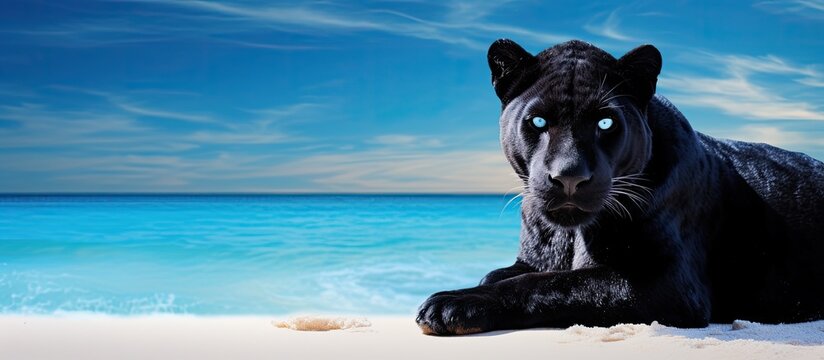 Against the serene background of the azure sea and pristine white sands, a majestic black and blue portrait of a playful animal emerges, showcasing the astonishing beauty of nature in this magnificent