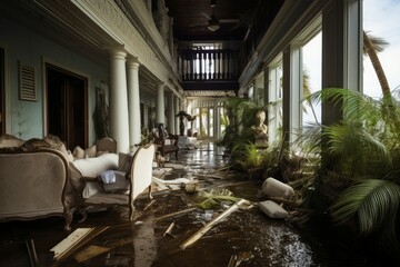 Terrifying Hurricane destroy house flood. Home construction. Generate Ai - obrazy, fototapety, plakaty