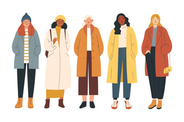 Group of modern women wearing trendy winter clothes. Casual city street fashion outfits. Hand drawn characters colorful vector illustration.