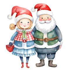 Cute Santa Claus Woman And Man Holly Jolly Watercolor Clipart Illustration