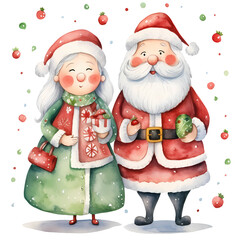 Fototapeta premium Cute Santa Claus Woman And Man Holly Jolly Watercolor Clipart Illustration