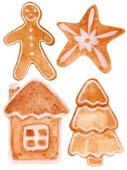 Fototapeta na wymiar Watercolor set, gingerbread cookies in shape of star, fir tree, home, man isolated on white background.