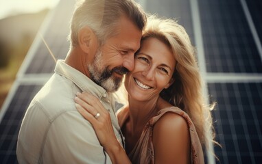 Fototapeta premium Happy middle aged married couple hugging in front of a solar panel