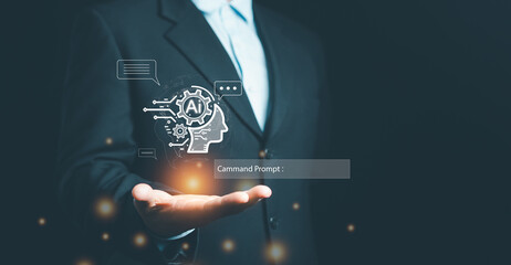 Man hand show virtual graphic Global connect Internet with Artificial Intelligence. businessman...