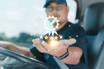Professional truck driver's hand shows sign of the top service Quality assurance 5 star, Guarantee, Standards, ISO certification, and standardization concept. Transportation and delivery of products. - obrazy, fototapety, plakaty