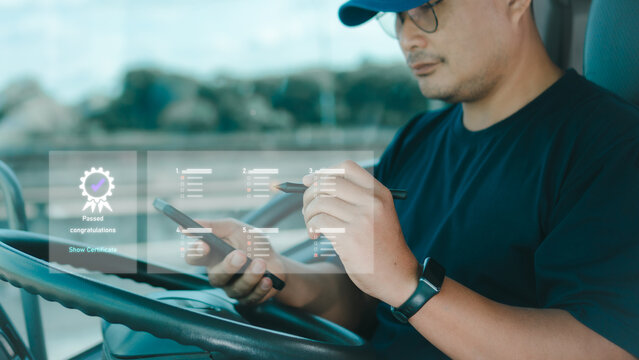 Truck driver Take an assessment for certificate, questionnaire, evaluation, online survey exam Choosing the right answer in the exam, filling out an online survey form. Answer the test questions.