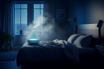 Bedroom humidifier night. Space purifier. Generate Ai - obrazy, fototapety, plakaty