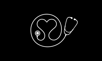 Abstract heart shape stethoscope icon vector on black background. Healthcare symbol to use in health industry, cardiology, medical care, hospital, health science projects. 