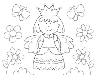 fairy princess coloring page for kids. you can print it on standard 8.5x11 inch paper © BaMic illustrations