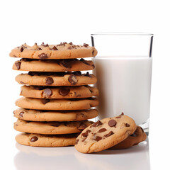 chocolate chip cookies and milk isolated. generative ai