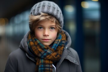 Portrait of a cute little boy in winter coat and scarf.