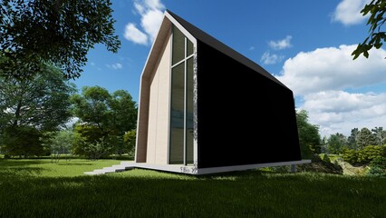 Nordic style with large balcony and lake view, surrounded by nature, 3D design. side view. - obrazy, fototapety, plakaty