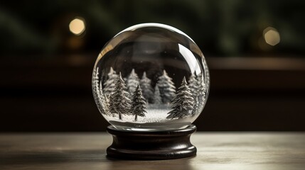 Christmas snow globe. Christmas glass ball with winter scene snow and trees inside. Gifts, Christmas toy. Festive greeting card. Surprise for New Year or Christmas. New Year concept. Decor concept.