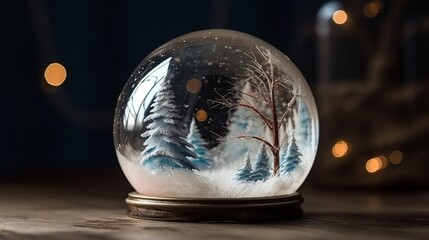 Christmas snow globe. Christmas glass ball with winter scene snow and trees inside. Gifts, Christmas toy. Festive greeting card. Surprise for New Year or Christmas. New Year concept. Decor concept.