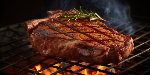 t-bone steak on a charcoal grill, smoke rising subtly