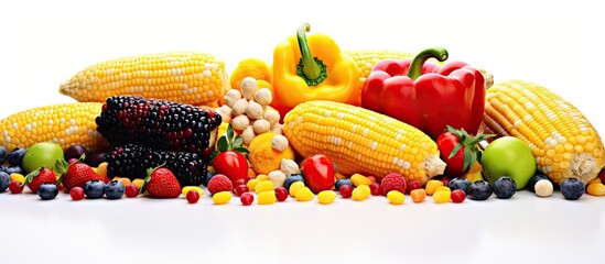 In an isolated white background, a set of vibrant and contrasting food items rests. There are fruits, such as blackberries and bananas, exuding an array of colors. Alongside them, popcorn pops with