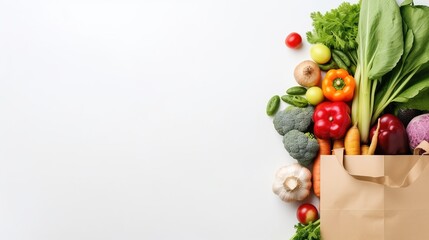 Delivery healthy food background. Healthy vegan vegetarian food in paper bag vegetables and fruits on white, copy space, banner. Shopping food supermarket and clean vegan eating.