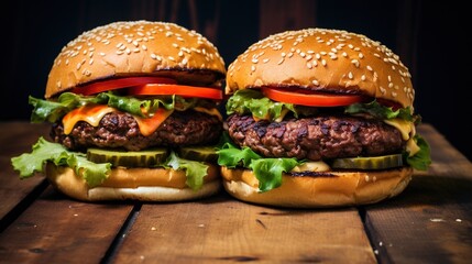 Close-up of two homemade beef burgers topped with cheese and fresh vegetables on a weathered wooden table. Rich and indulgent fast food captured in detail.