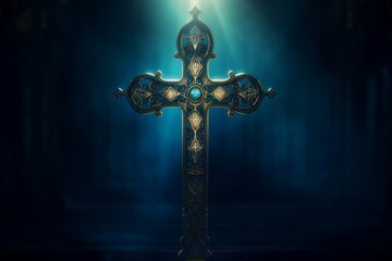 Symbolic Illuminated christian cross. Blue night sky. Generate Ai