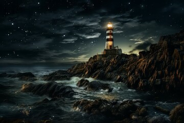 Illuminated lighthouse. Ocean light coastline. Generate Ai