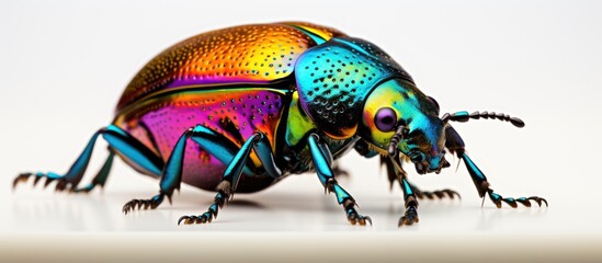 In a picture showcasing the beauty of nature, an isolated black beetle with vibrant colors on its wings and a prominent horn is captured on a white background. The macro shot highlights the intricate