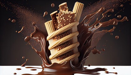 chocolate filled crispy wafer roll waffle sticks splash 3d rendering stick filling food isolated white cake breakfast candy bar dessert sugar cream snack pastry biscuit cookie cocoa sweet spiral - obrazy, fototapety, plakaty