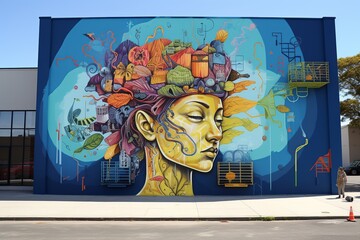 Innovative Education Mural: Vibrant street art mural capturing students immersed in hands-on learning, promoting creativity and innovation as drivers of change - obrazy, fototapety, plakaty