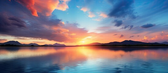 As the sun sets, casting a warm glow over the sky, the breathtaking landscape of the natural lake unfolds, with crystal blue waters reflecting the clouds, creating a stunning and beautiful summer - obrazy, fototapety, plakaty