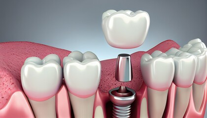 Closeup white tooth gum Dental implant Human Teeth Medical Concept 3d illustration abutment smile dentist ceramic treatment surgery dentistry render injection titanium denture prosthesis - obrazy, fototapety, plakaty