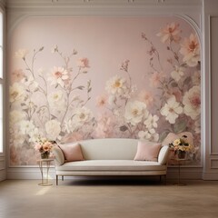 A wall with a delicate floral wallpaper in soft pastel hues