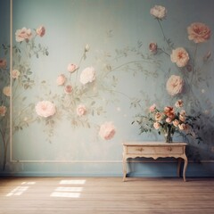 A wall with a delicate floral wallpaper in soft pastel hues