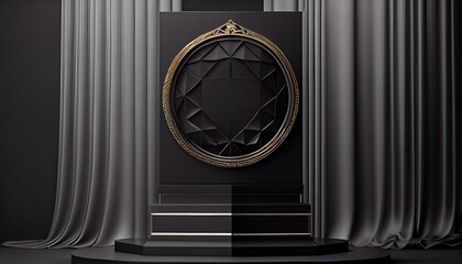Black luxury podium pedestal showcase product 3d scene Rendering dais minimal background geometric three-dimensional premium display floor platform template