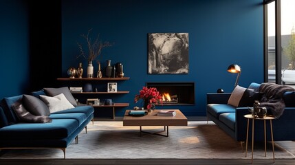 A deep, matte navy blue wall in a contemporary setting
