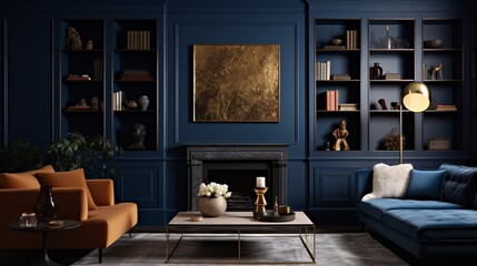 A deep, matte navy blue wall in a contemporary setting