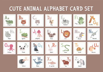 Cute animal alphabet for kids education, flat vector illustration. Set of alphabet cards with animals clipart funny cartoon hand drawn style letters from A to Z. Alligator, Iguana, Quail, Vulture, Yak
