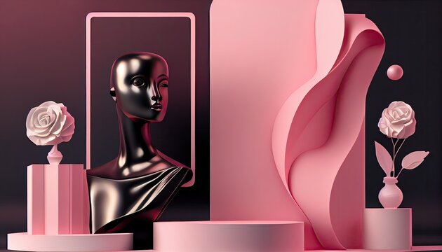 3D Scene Rendering podium pastel pink Black splay mannequin background beauty cosmetic product presentation blank render shape minimal abstract curve minimalism form group step set wall