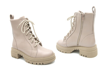 Fashionable leather boots isolated on white background. View from all sides.	