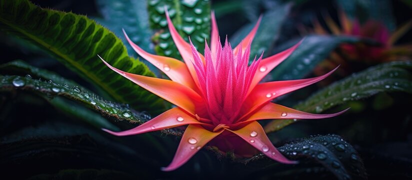 heart of the dense forest, a beautiful room with a dark background showcased a magnificent bromelia flower, its yellow petals shaped like a stunning work of art. Its green leaves and pink hem created