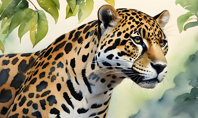 Naklejka premium Jaguar Watercolor Animal Painting Artwork Illustration Wild Postcard Digital Art Banner Website Flyer Ads Gift Card Template