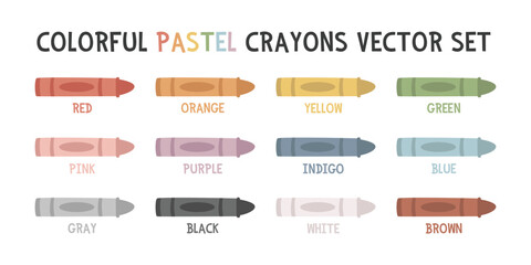Colorful crayons vector set. Pastel colors clipart cartoon style, crayon set vector illustration. Red, orange, yellow, green, blue, indigo, purple, pink, gray, black, white, brown, grey. Kids learning