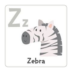 Zebra clipart. Zebra vector illustration cartoon flat style. Animals start with letter Z. Animal alphabet card. Learning letter Z card. Kids education. Cute zebra vector design