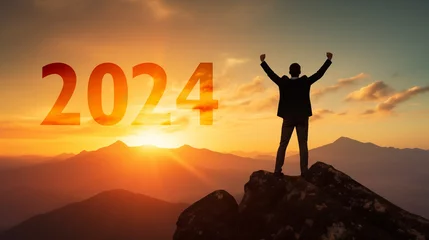 Fotobehang New year inspiration 2025 achievement success resolution improvement 2024 mountain years celebration conquer overcome person 2026 optimism positivity © The Stock Image Bank