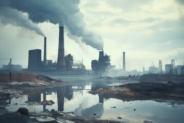 Detrimental Industry factory pollution. Steam plant. Generate Ai