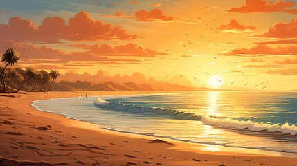 A dreamlike interpretation of a coastal scene, where the sand glows under a vibrant yellow sun, creating a feeling of warmth and tranquility.