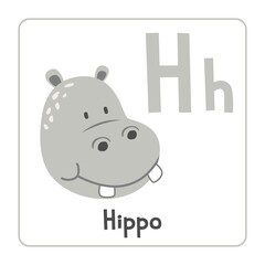 Hippo clipart. Hippo vector illustration cartoon flat style. Animals start with letter H. Animal alphabet card. Learning letter H card. Kids education. Cute hippo vector design