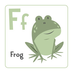 Frog clipart. Frog vector illustration cartoon flat style. Animals start with letter F. Animal alphabet card. Learning letter F card. Kids education. Cute green frog vector design
