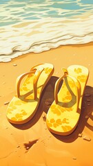 A pair of fashionable flip-flops left casually on the warm, sunlit sand, with the foamy edges of waves approaching them, set against a bright yellow background.