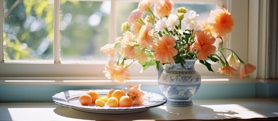 In the corner of the dining room, a serene display of vibrant flowers adorned a blue and white tray, complimenting the delicate dishes and milk glass vases, while the faint aroma of freshly cut ferns