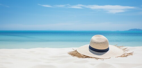 Fototapeta na wymiar A stylish, wide-brimmed sun hat resting on a tropical beach, with a background of azure ocean waters and a clear, bright sky. The hat casts a delicate shadow on the smooth sand.